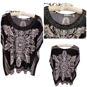 🛍️ NY Collection Black White Beaded Collar Top Size Large